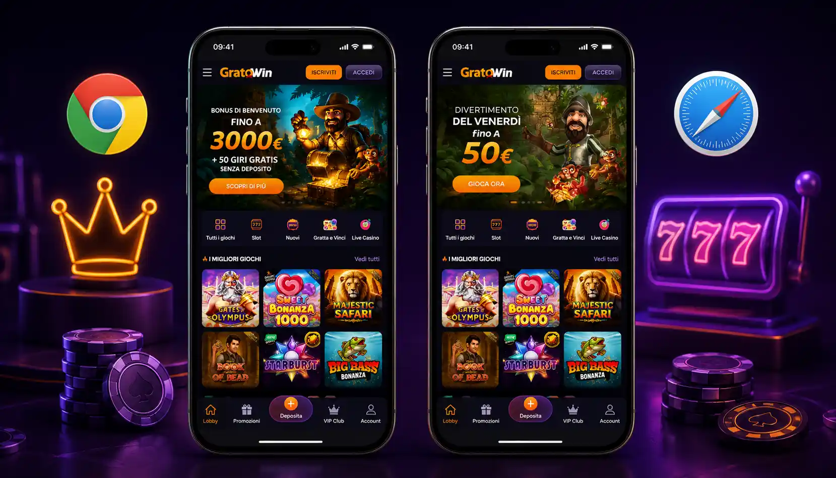 GratoWin accesso mobile su smartphone tramite browser Chrome e Safari 2026